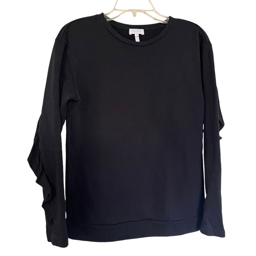 Escada Sport Solid Black Long Sleeve Ruffled Crewneck Pullover Sweatshirt Size S